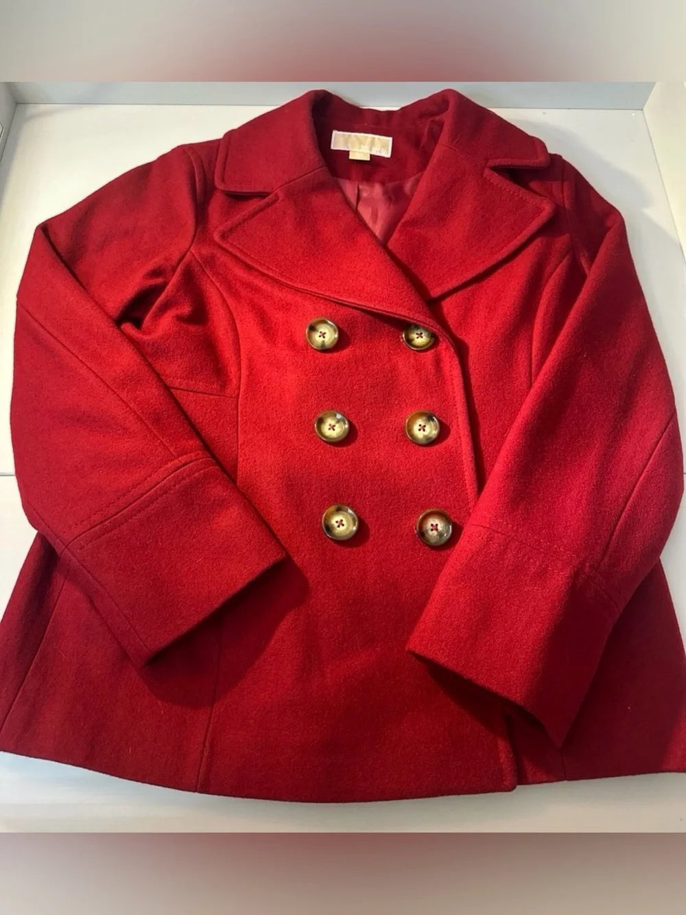 Michael Kors Red Double-Breasted Peacoat with Gold Buttons